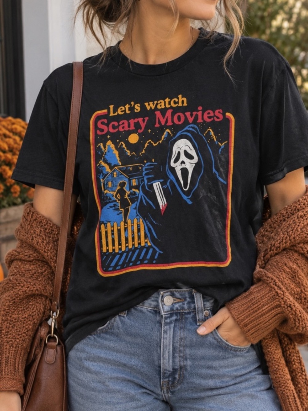 Black Graphic Short Sleeve Tee with 'Let's Watch Scary Movies' Print